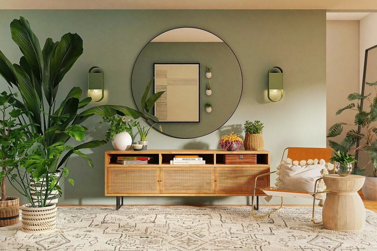 A wooden console, round mirror and plants against a green wall